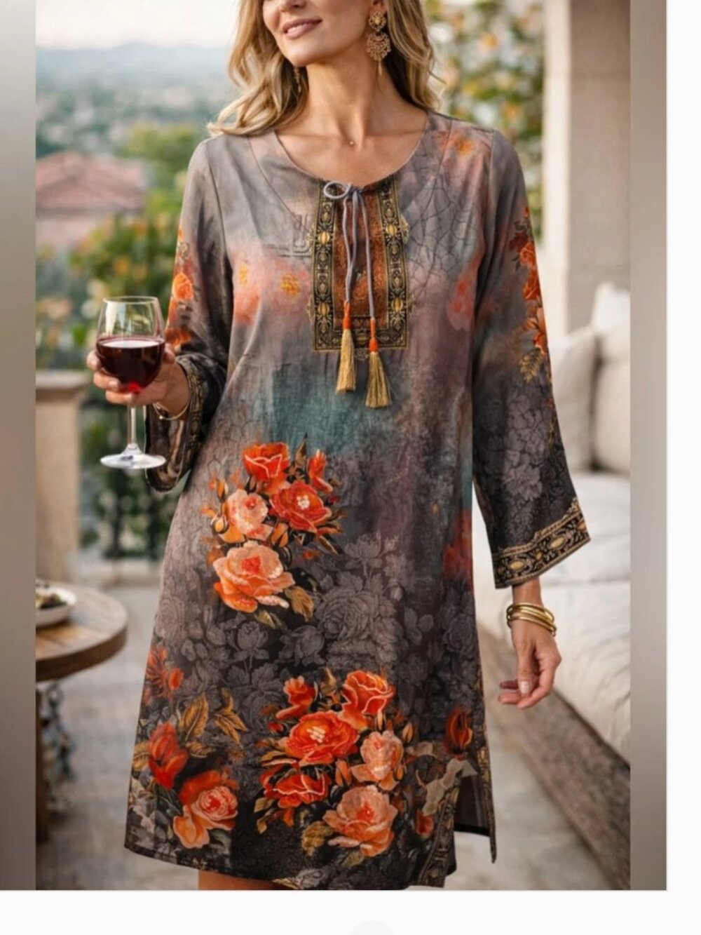 Soft Surroundings Tunic Dress M Embellished Floral Boho Luxe Tassel beaded boho - Picture 13 of 13